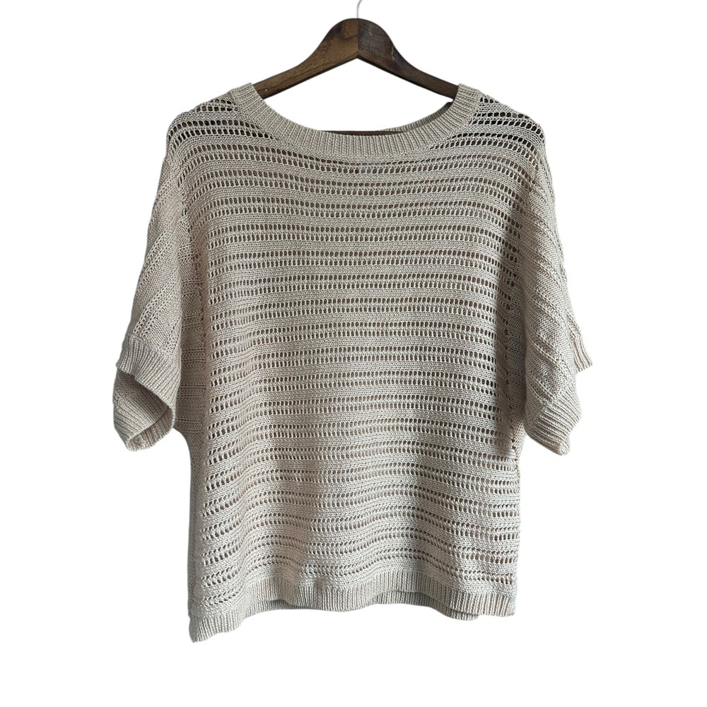 NEW YORK‎ & COMPANY Women Knit Sweater Top Beige Metallic Sheer Mesh Size M